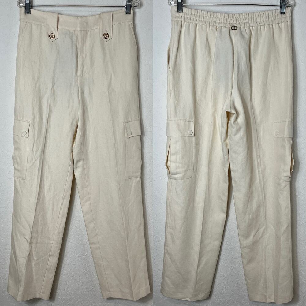 Twinset Linen Twill Cargo Trousers Ivory Cotton & Linen Pants, size IT 44/US M